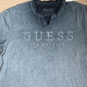NWT GUESS Men's Washed Denim-Blue Short Sleeve Logo Tee